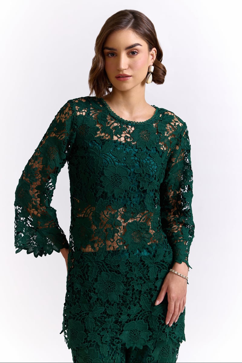 Green Lace Tunic Top and Wide-Leg Pants Co-ord Set
