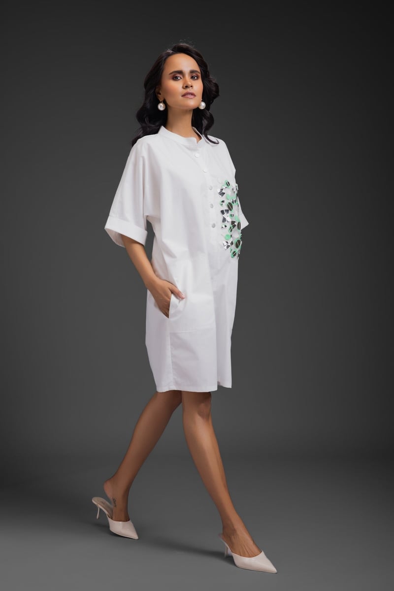 White Relaxed Shirt Dress with Statement Pocket