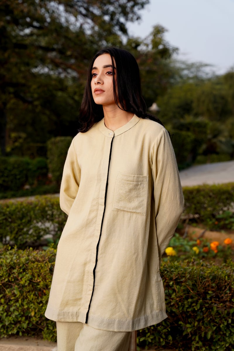 Beige Merino Wool Kurta and Trouser Co-ord Set — Moh India