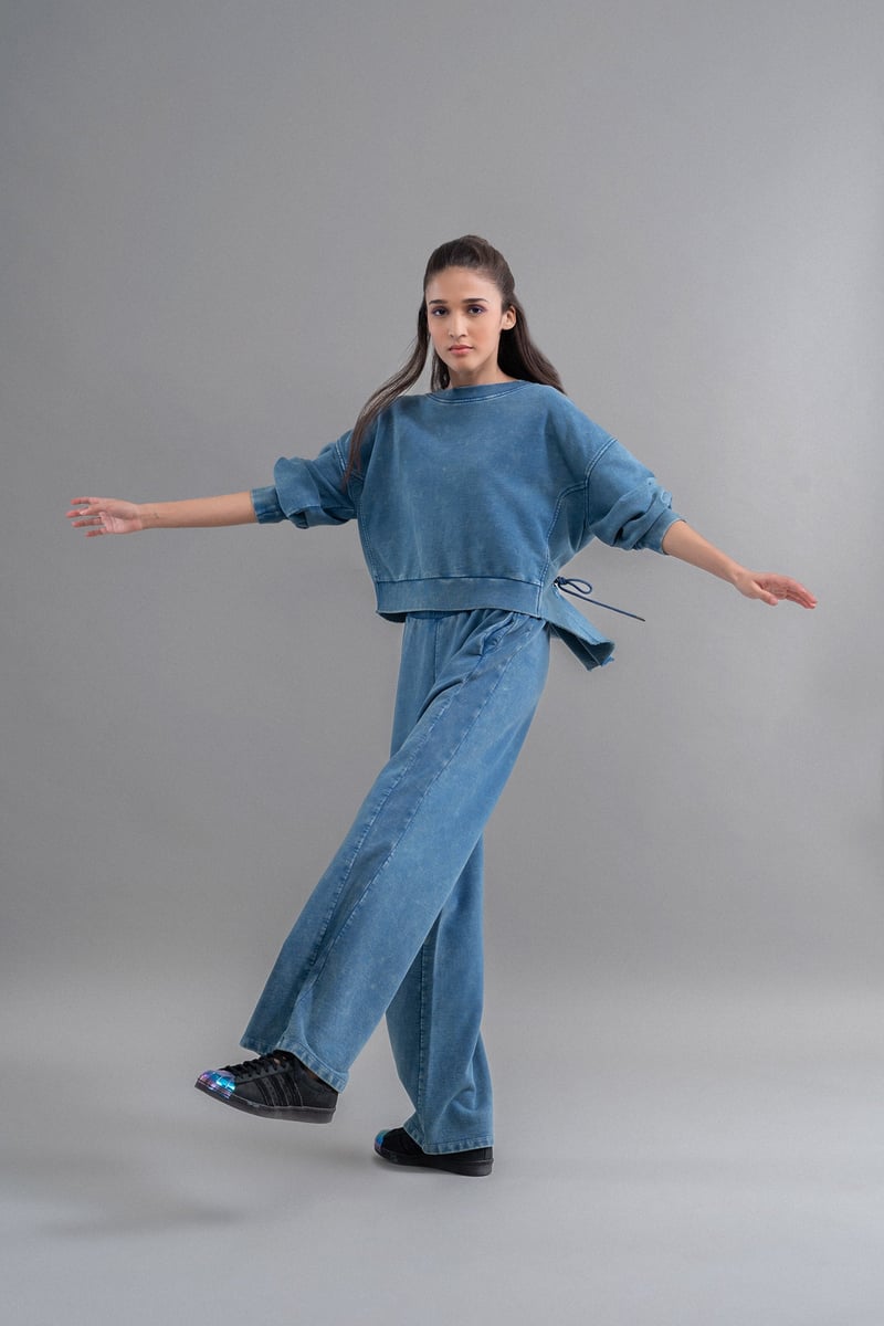 Blue Cotton Terry Straight-Leg Travel Trousers