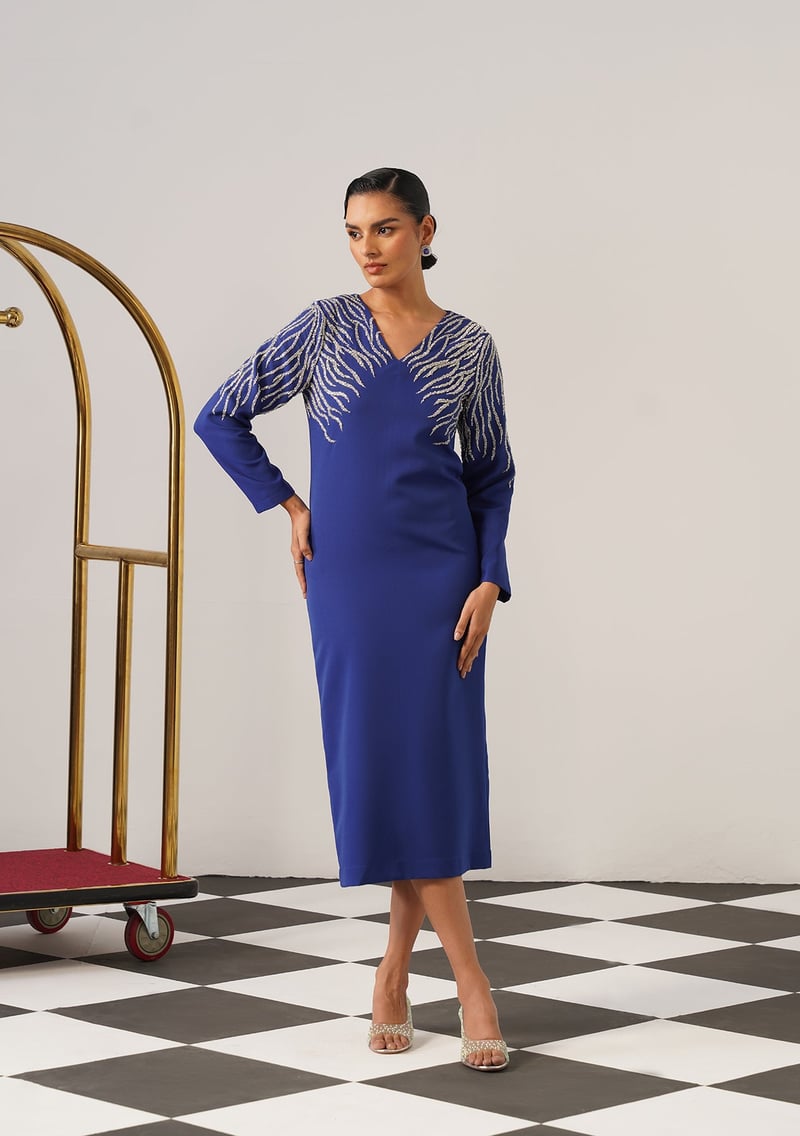Blue Cutdana-Embellished V-Neck Midi Dress
