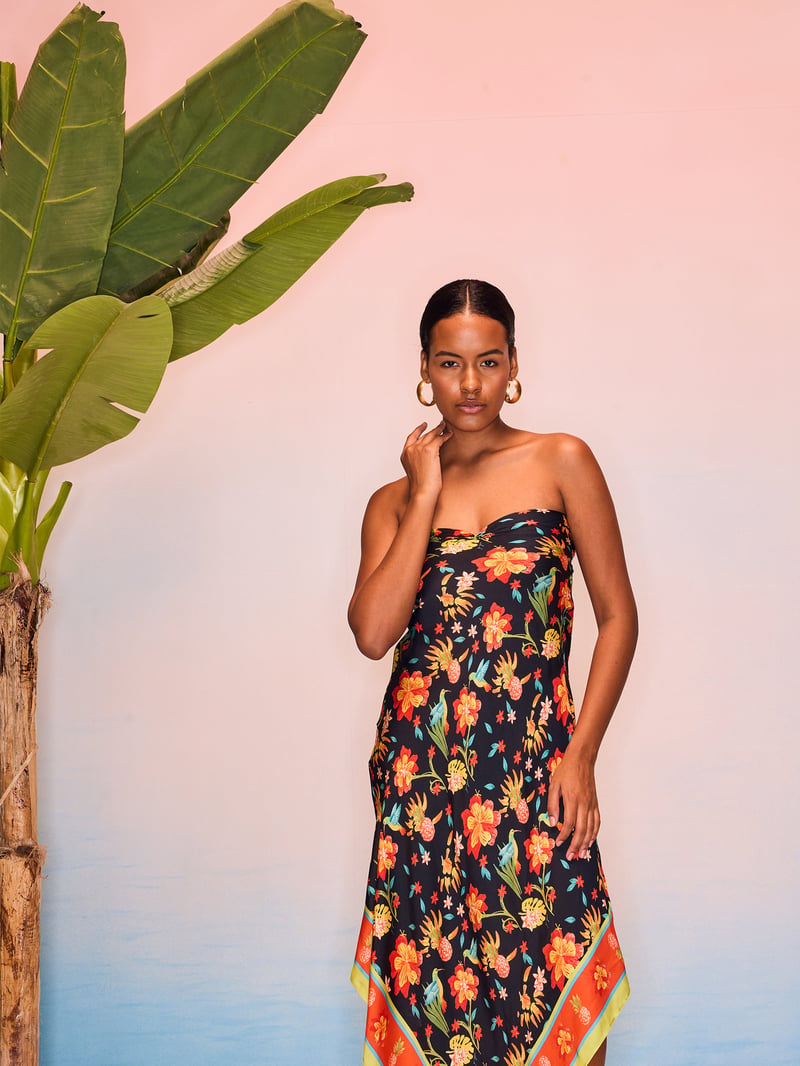 Black Floral Scarf Print Asymmetrical Midi Tube Dress