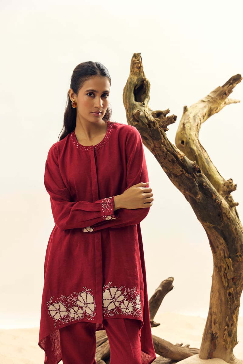 Crimson Linen Tunic and Tapered Pants Co-ord Set