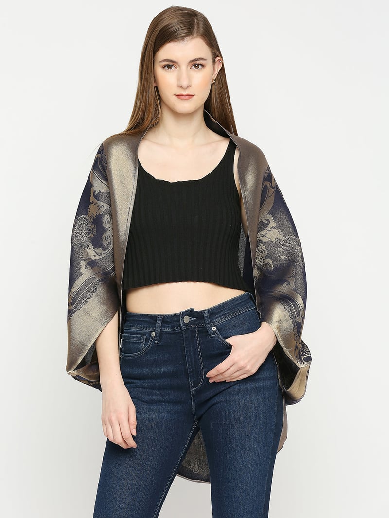Navy Blue Metallic Brocade Cocoon Shrug