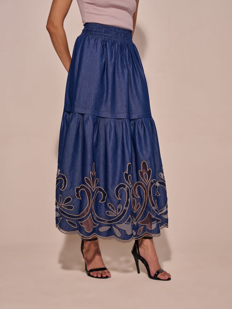 Blue Denim Tiered Midi Skirt with Cutwork Hem