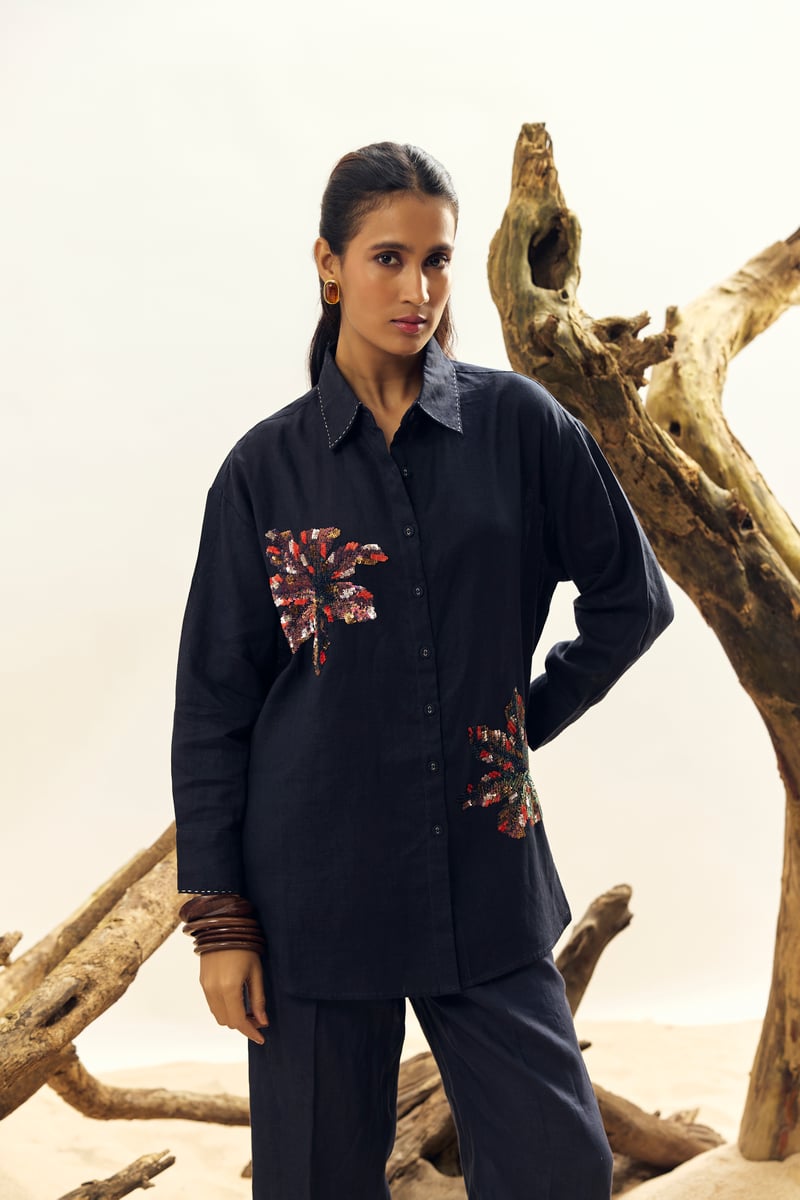 Navy Blue Linen Straight-Leg High-Rise Trousers