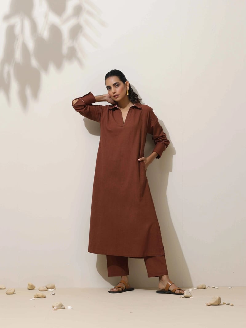 Brown Cotton Linen Straight Kurta Pant Set
