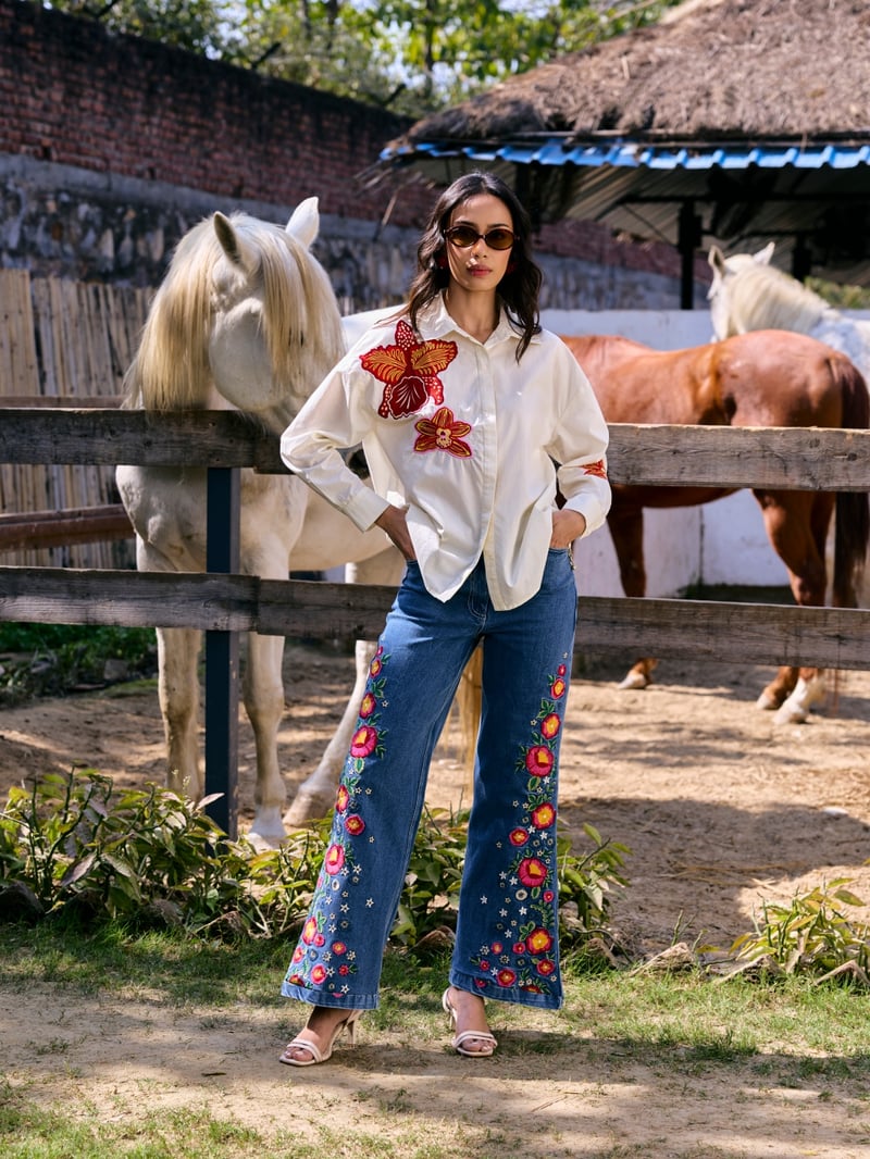 Off-White Floral Applique Button-Down Shirt