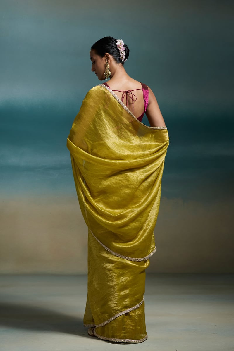Green Chanderi Saree with Gold Zari Stripes and Sequin Border