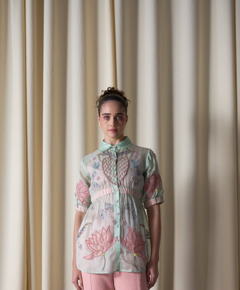 Mint Green Translucent Organza Embroidered Button-Down Top