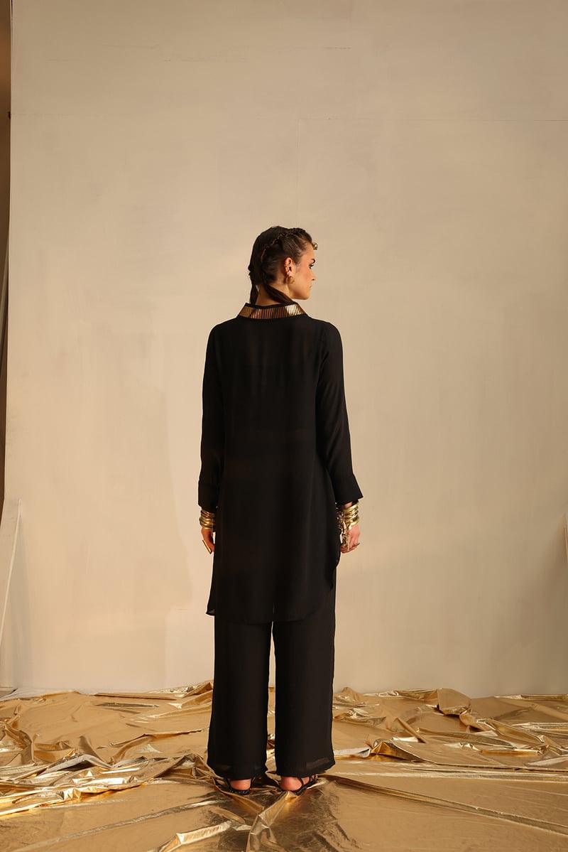 Black Foil-Trim Tunic and Palazzo Co-ord Set