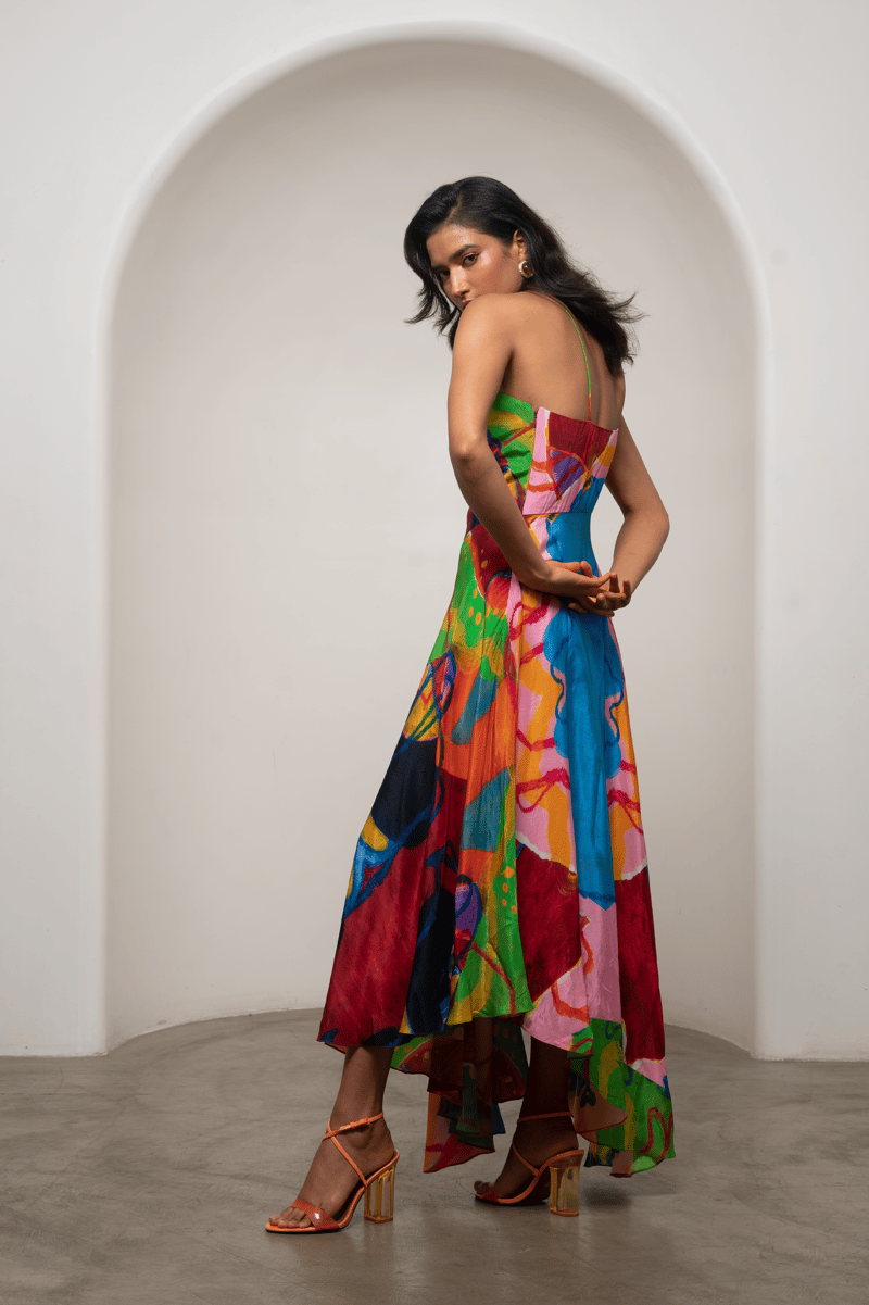Multicolor Abstract Halter Neck Crepe Maxi Dress