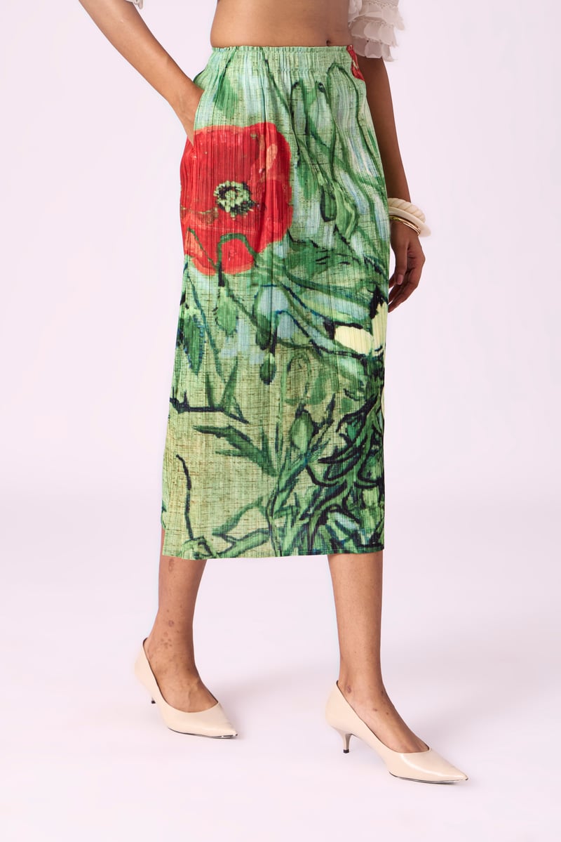 Green Floral Pleated Midi Skirt