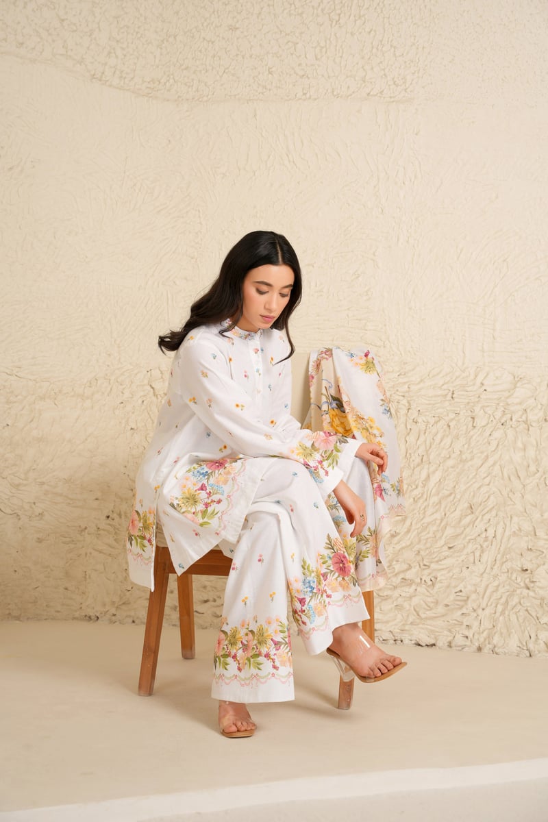 White Cotton Linen Floral Kurta and Trouser Set