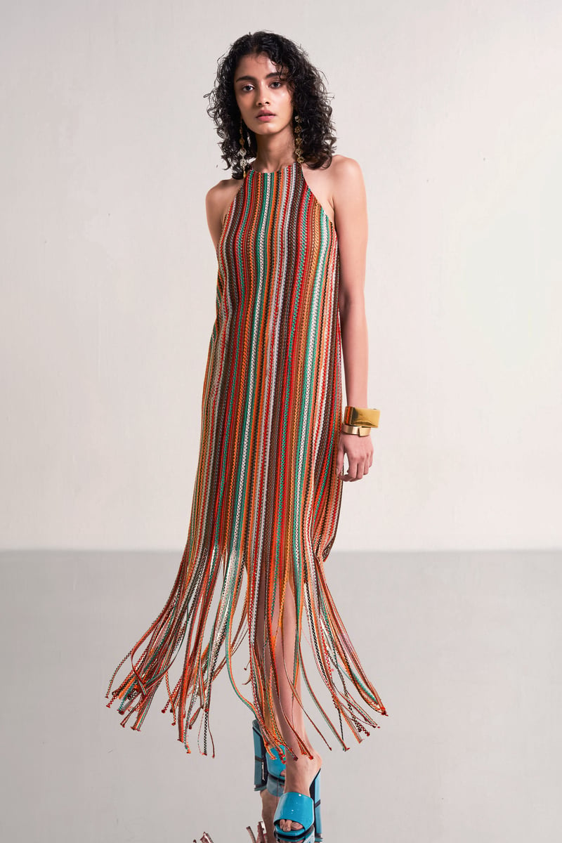 Multicolour Halter Neck Fringe Crochet Knit Midi Dress