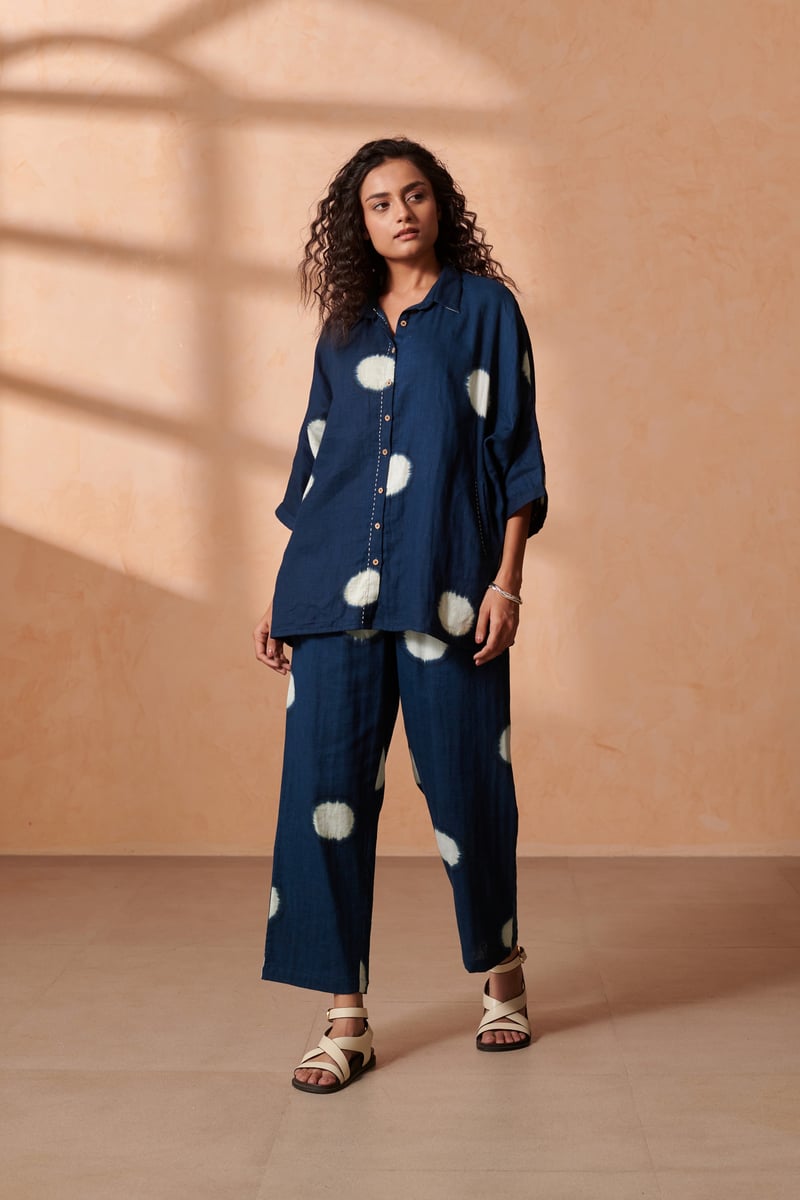 Indigo Ivory Dot Boxy Button-Down Double Gauze Cotton Shirt