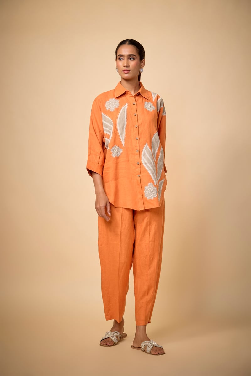 Orange Linen Shirt and Straight Pants Co-ord Set
