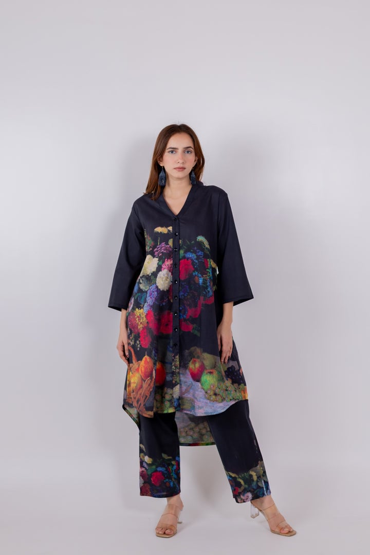 Black Printed Cambric Tunic and Pants Set