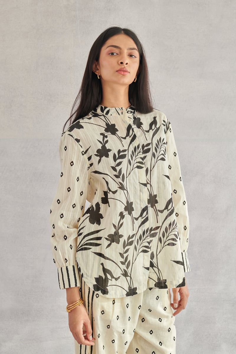 Creme Monochrome Printed Cotton Dobby Shirt