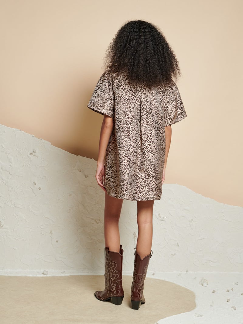 Tan Leopard Jacquard Wrap Mini Dress with Tie-Up Details