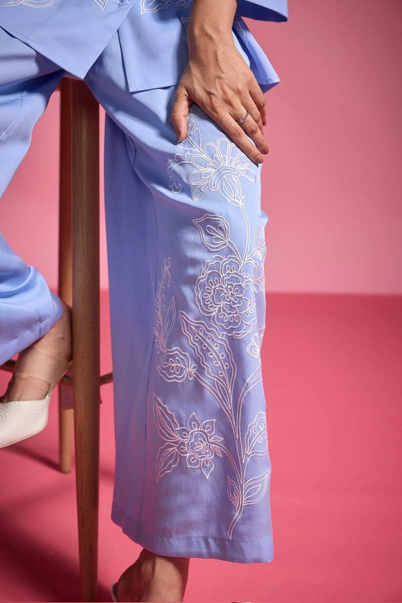 Pastel Blue Tencel Straight-Leg Embroidered Trousers