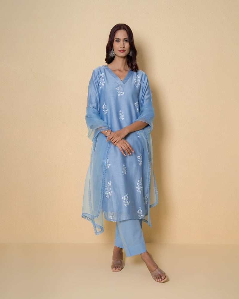 Moonlit Blue Embroidered Chanderi Suit Set — Kameez