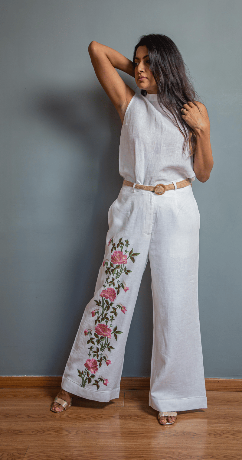 White Linen Wide-Leg Trousers with Rose Vine Embroidery