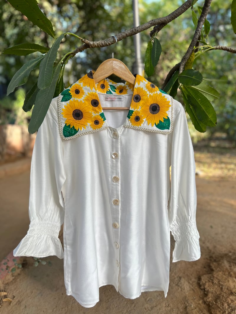 White Chanderi Shirt with Sunflower Collar and Pearl Detail