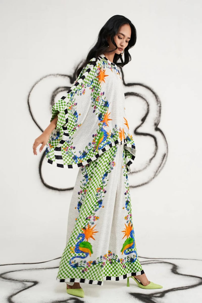 Ivory Printed Cape Top and Wide-Leg Pants Co-ord Set