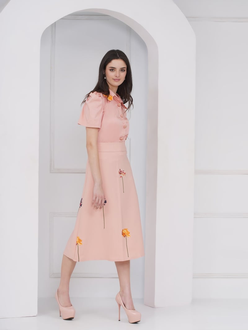 Peach Shirt and A-Line Midi Skirt Co-ord Set