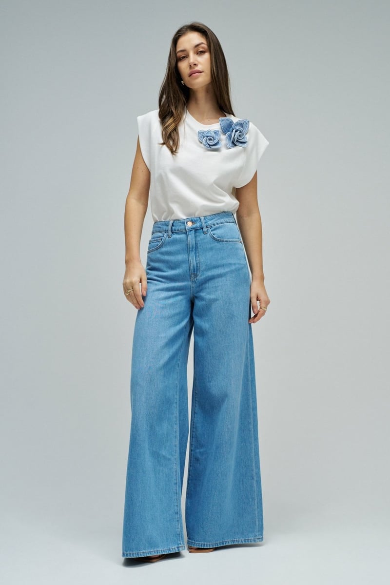 White Cotton T-Shirt with Denim Floral Applique