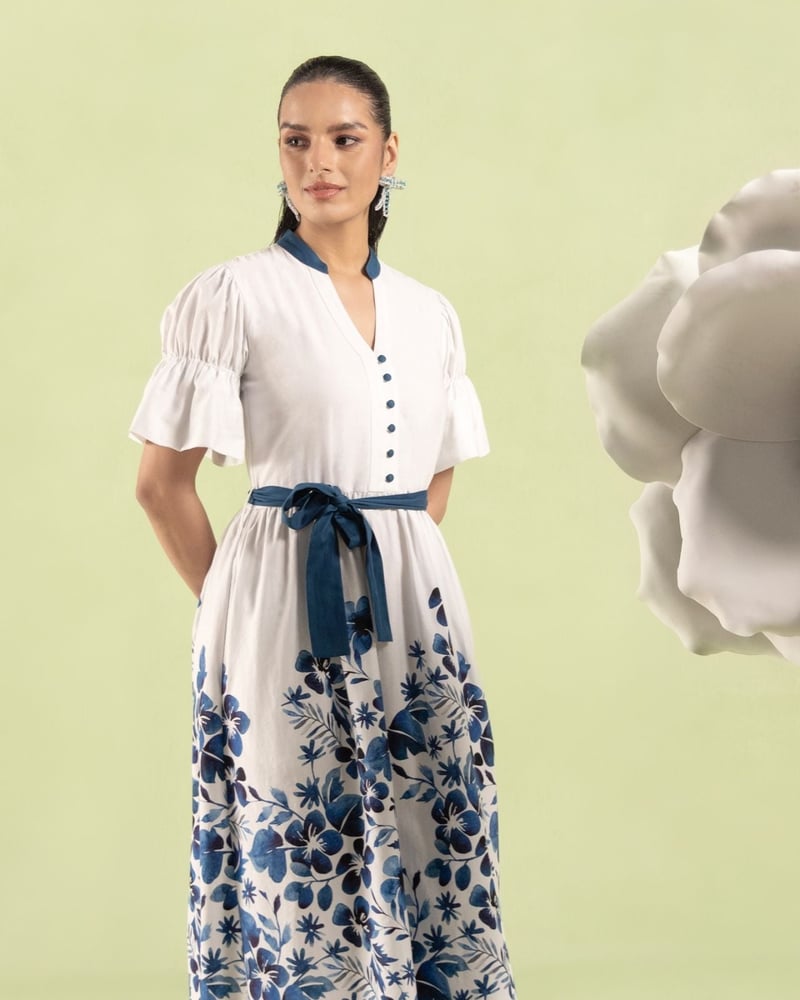 Blue/White Floral Midi Shirt Dress with Tie Belt