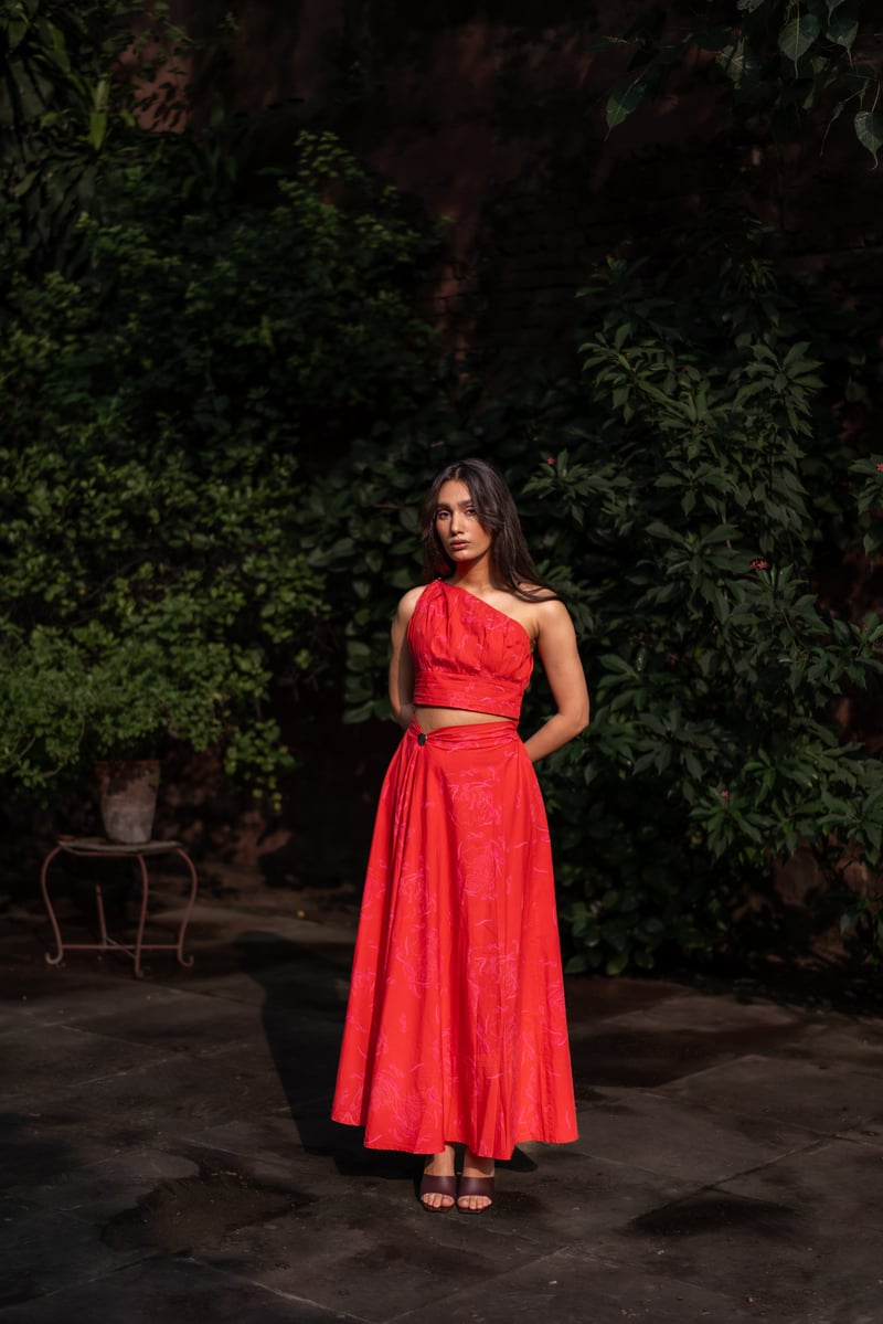 Red One-Shoulder Pleated Top and Maxi Skirt Co-ord Set