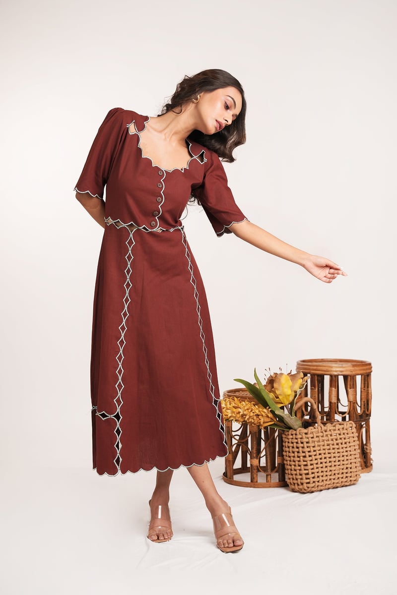 Chocolate Brown Scallop Detail Cotton Midi Dress