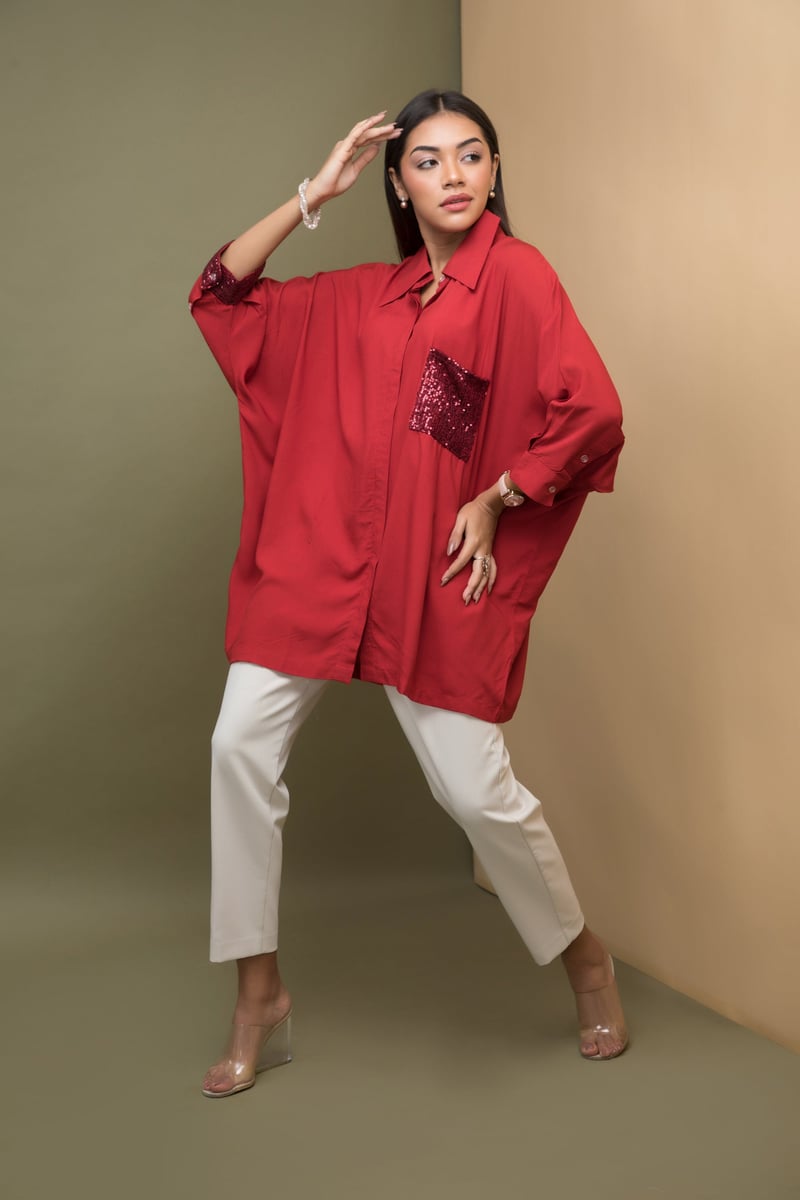 Ruby Red Kaftan-Fit Shirt with Sequin Pocket