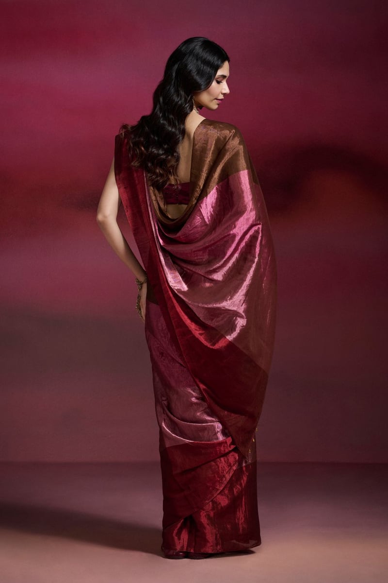 Metallic Tissue Colorblock Saree in Red Pink Brown