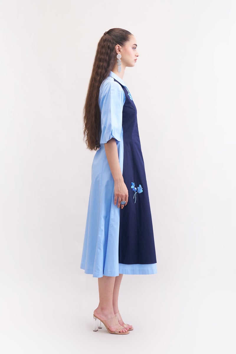 Navy and Blue Colorblocked Embroidered Midi Shirt Dress