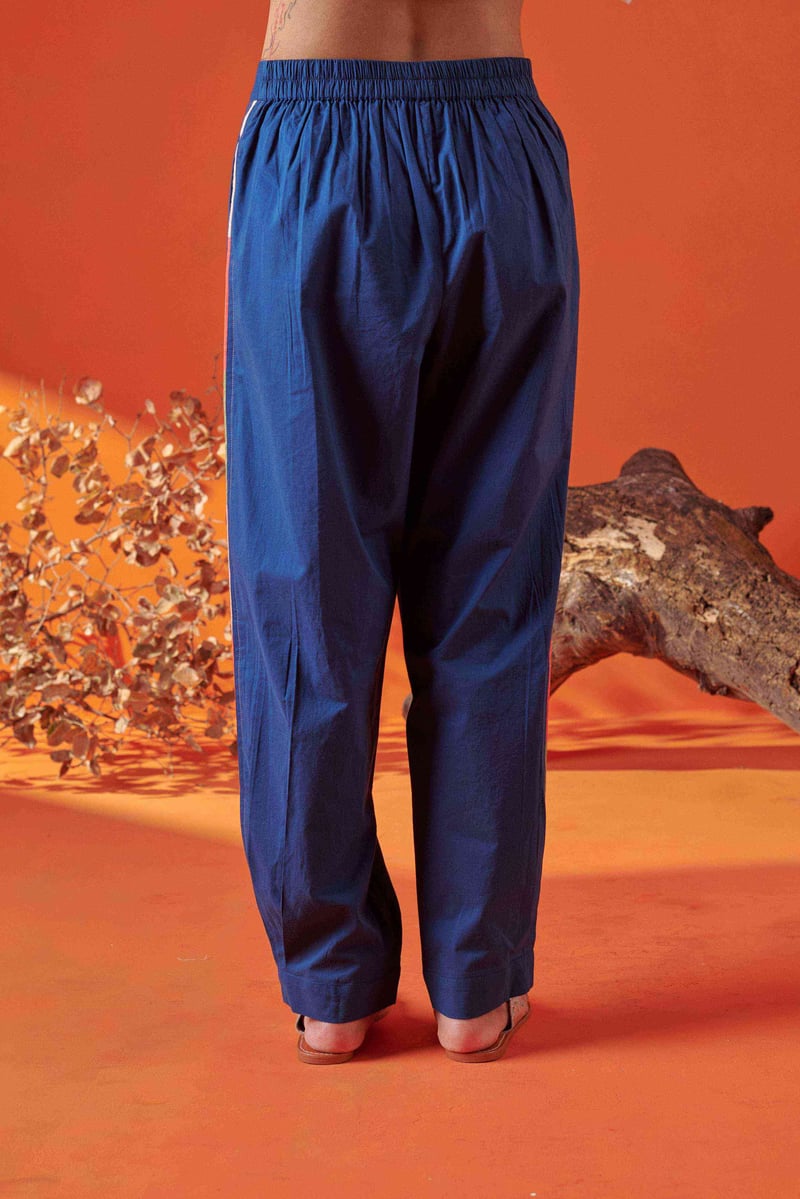 Blue Cotton Relaxed Fit Tapered Pants with Side Piping