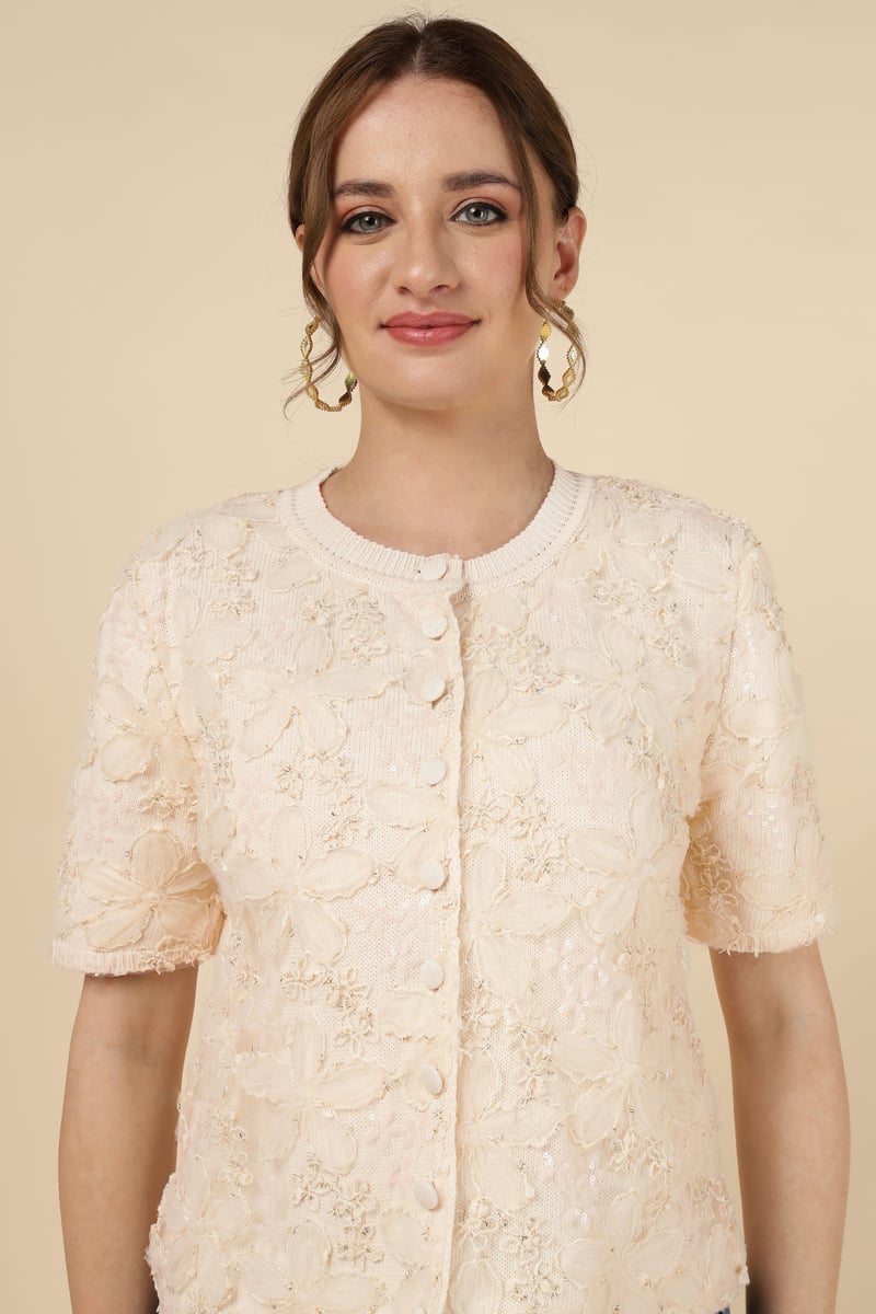 Beige Floral Textured Button-Front Cardigan