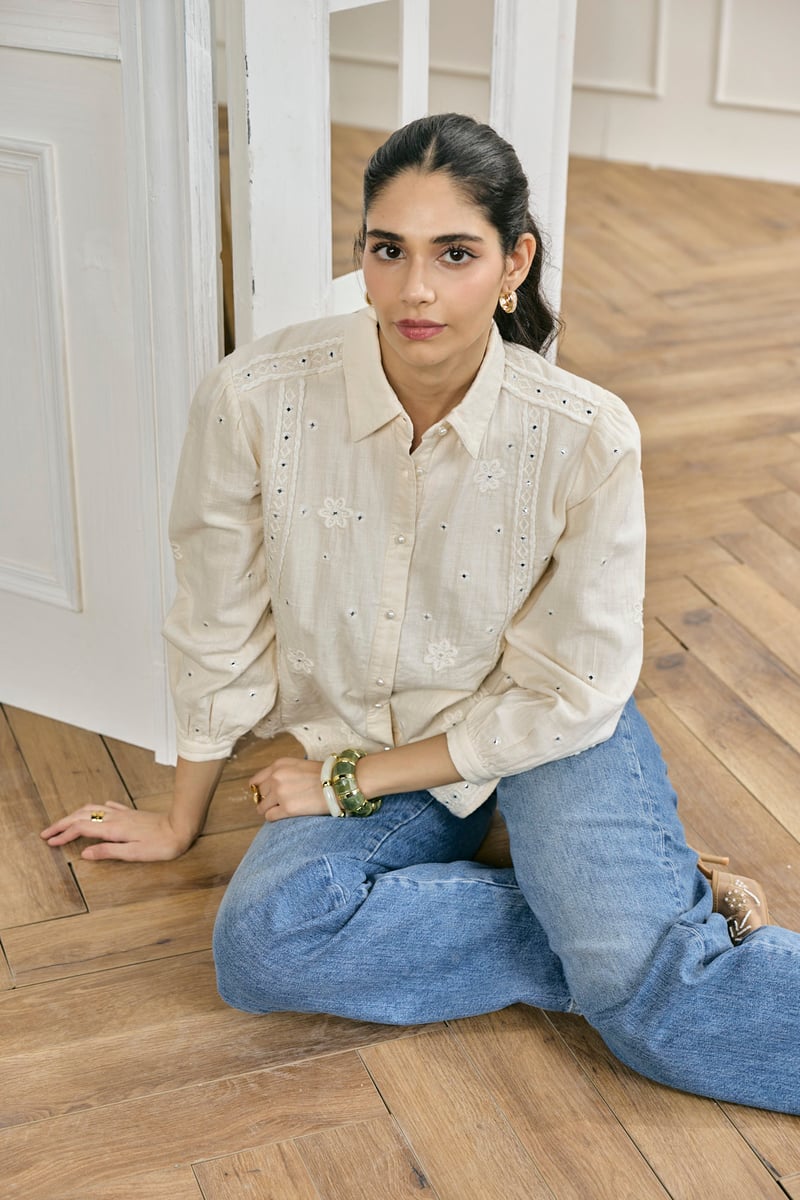 Off-White Mirror Work Embroidered Button-Down Shirt