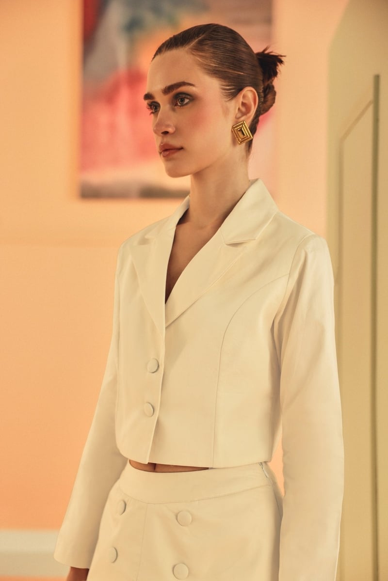 Ivory Cropped Checked Cotton Satin Blazer