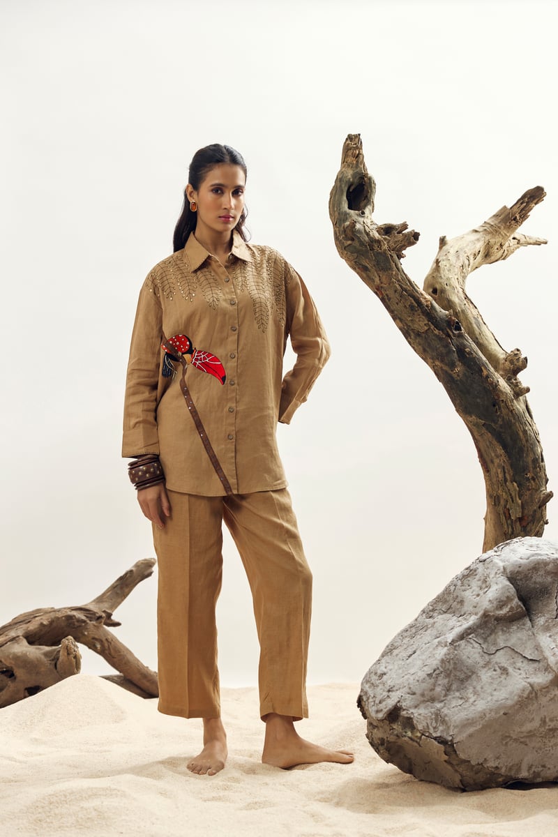 Camel Linen High-Rise Straight-Leg Trousers