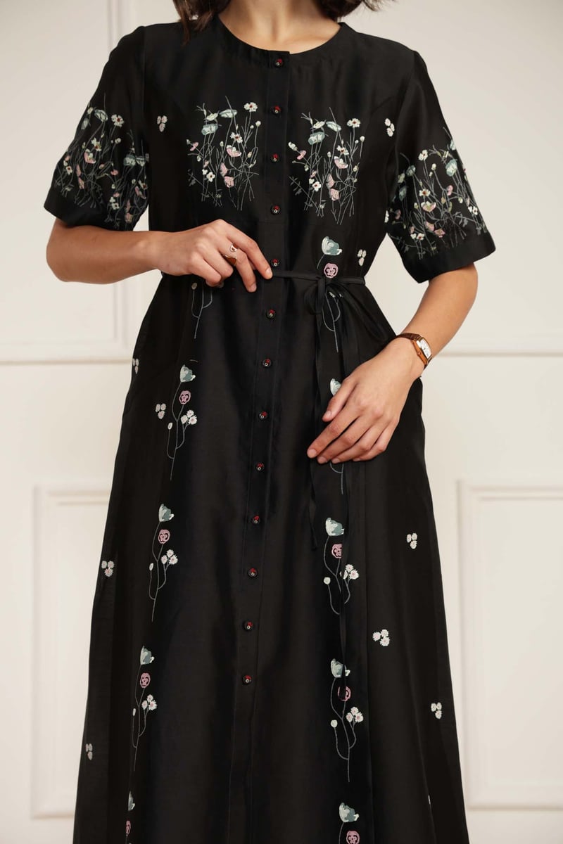 Black Silk Chanderi Floral Print A-Line Midi Dress