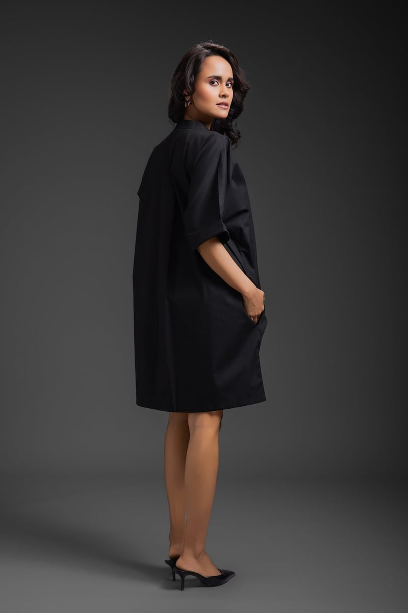 Black Relaxed Fit Mini Dress with Embellished Pocket