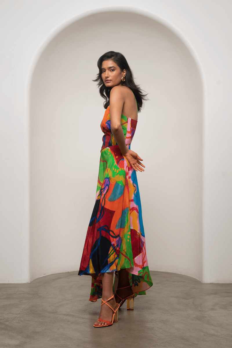 Multicolor Abstract Halter Neck Crepe Maxi Dress
