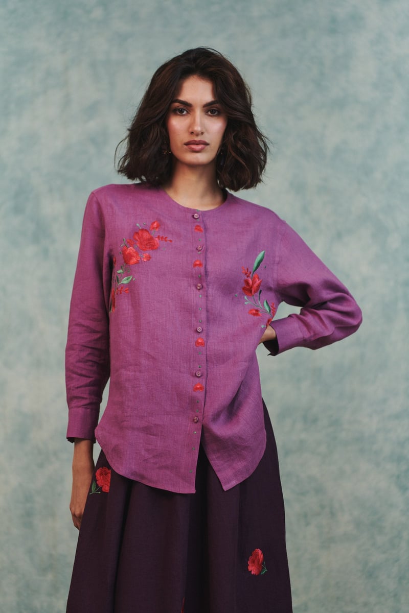 Berry Linen Embroidered Round Hem Shirt