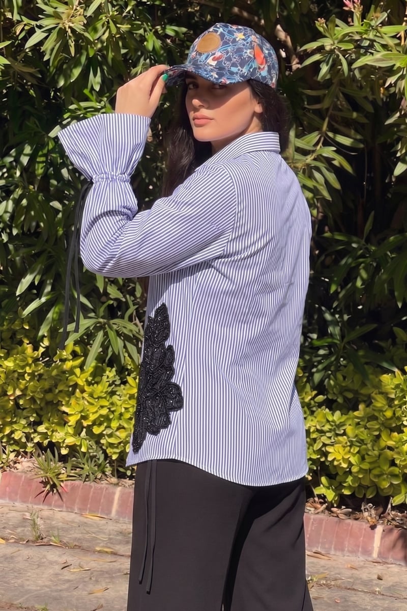 Blue/White Striped Shirt with Black Floral Appliqué