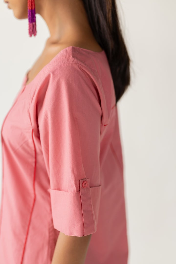 Blush Pink Poplin A-Line Midi Dress with Square Neck