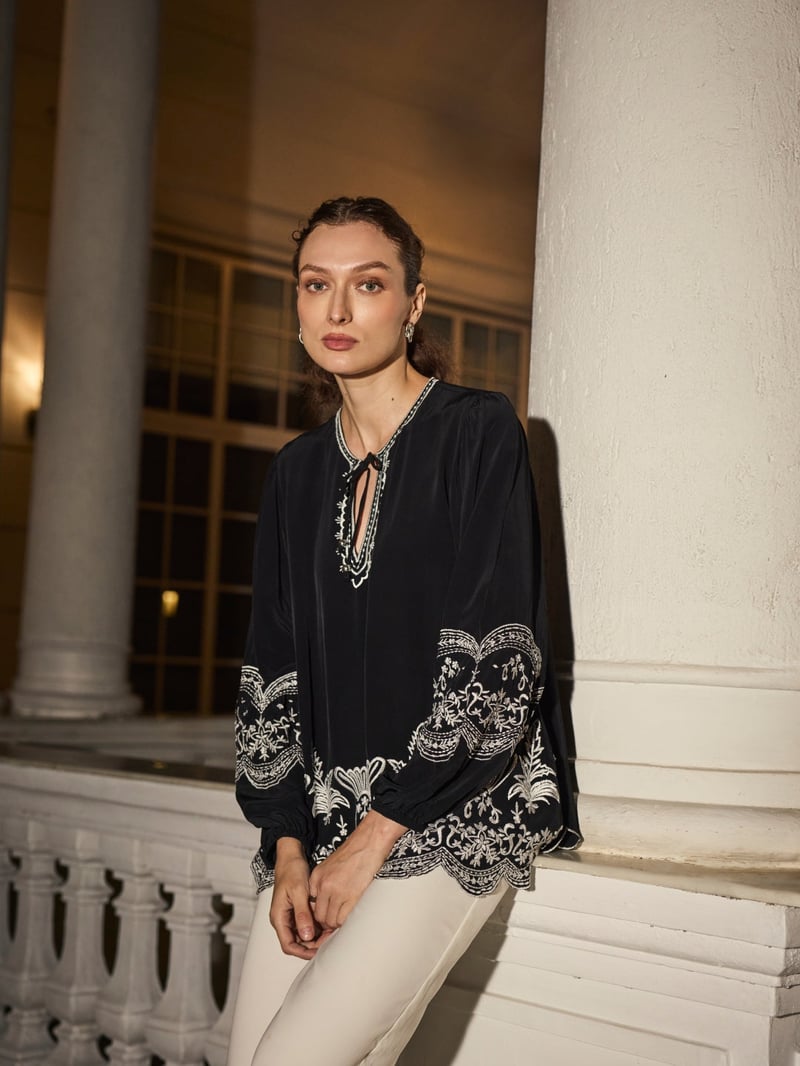 Black Embroidered Tie-Up Neck Flowy Top