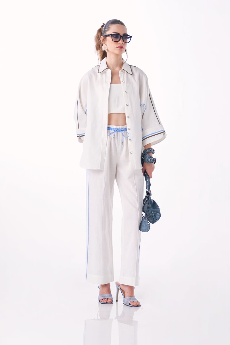 White Cotton-Linen 3-Piece Co-ord Set with Bralette
